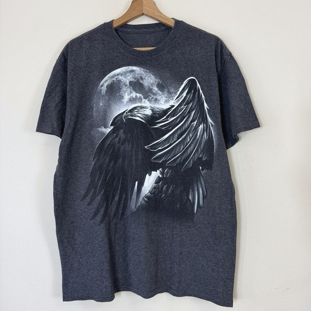 Vintage Y2k Eagle Moon Animal Nature Art Biker Grey Tee Shirt - Large